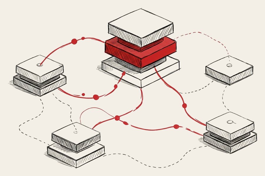 Connected blocks with red lines linking each system to a central hub